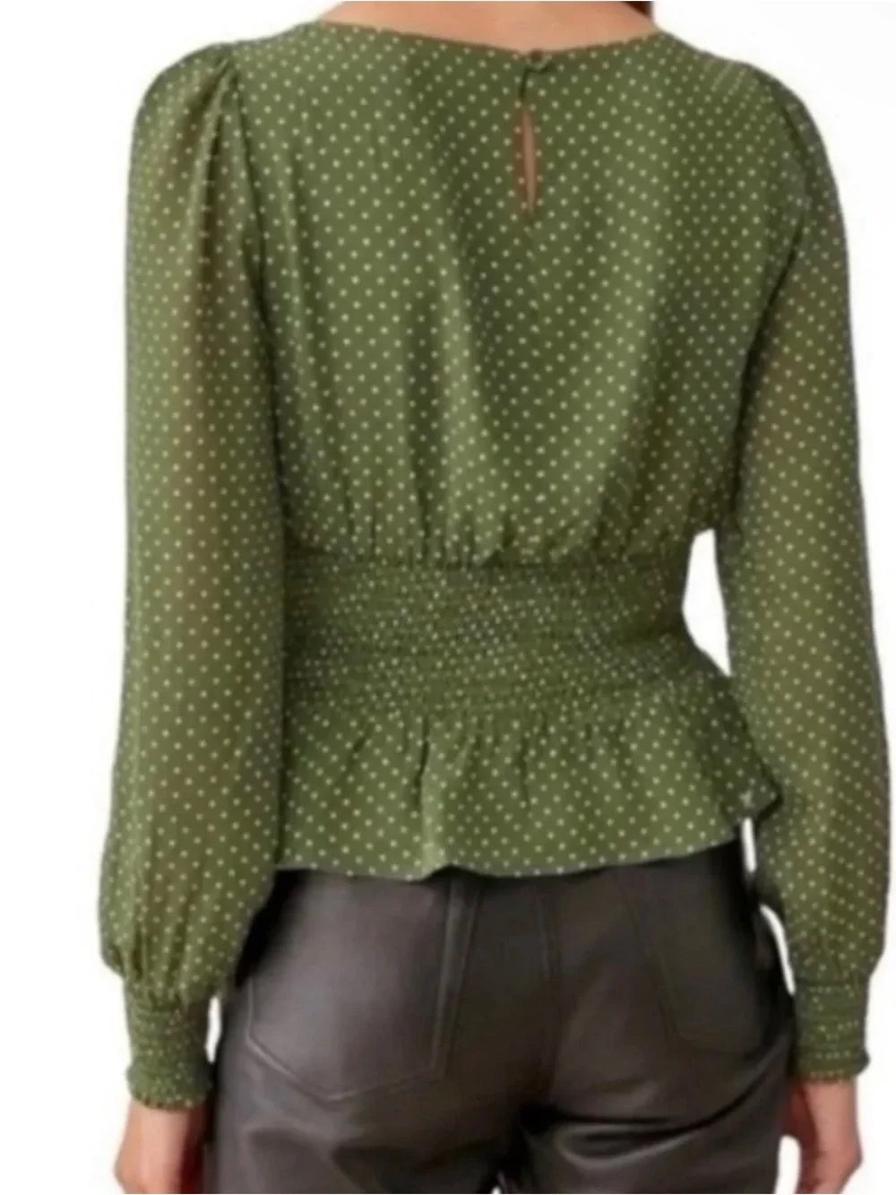 Reformation Size 6 Hearth Green Polka Dot Smocked Blouse Lined Key Hole Back